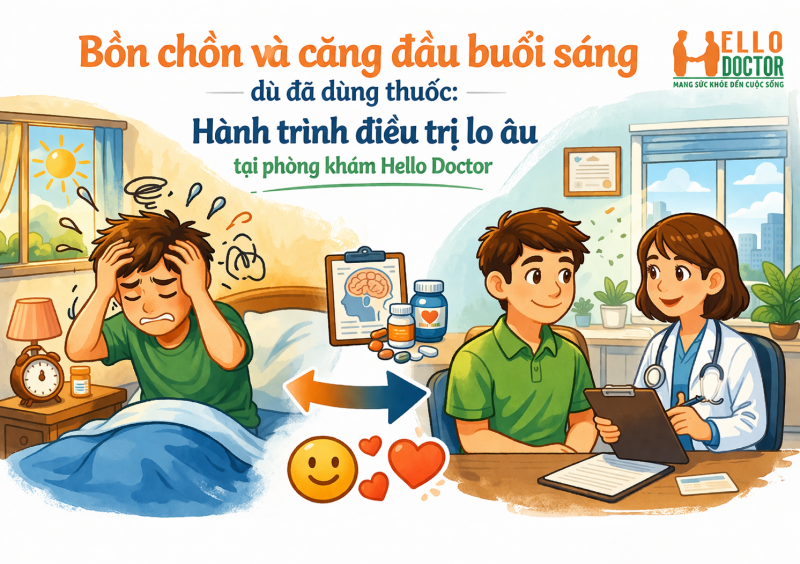 Bồn chồn và căng đầu buổi sáng dù đã dùng thuốc: Hành trình điều trị lo âu tại phòng khám Hello Doctor Bồn chồn và căng đầu buổi sáng dù đã dùng thuốc: Hành trình điều trị lo âu tại phòng khám Hello Doctor
