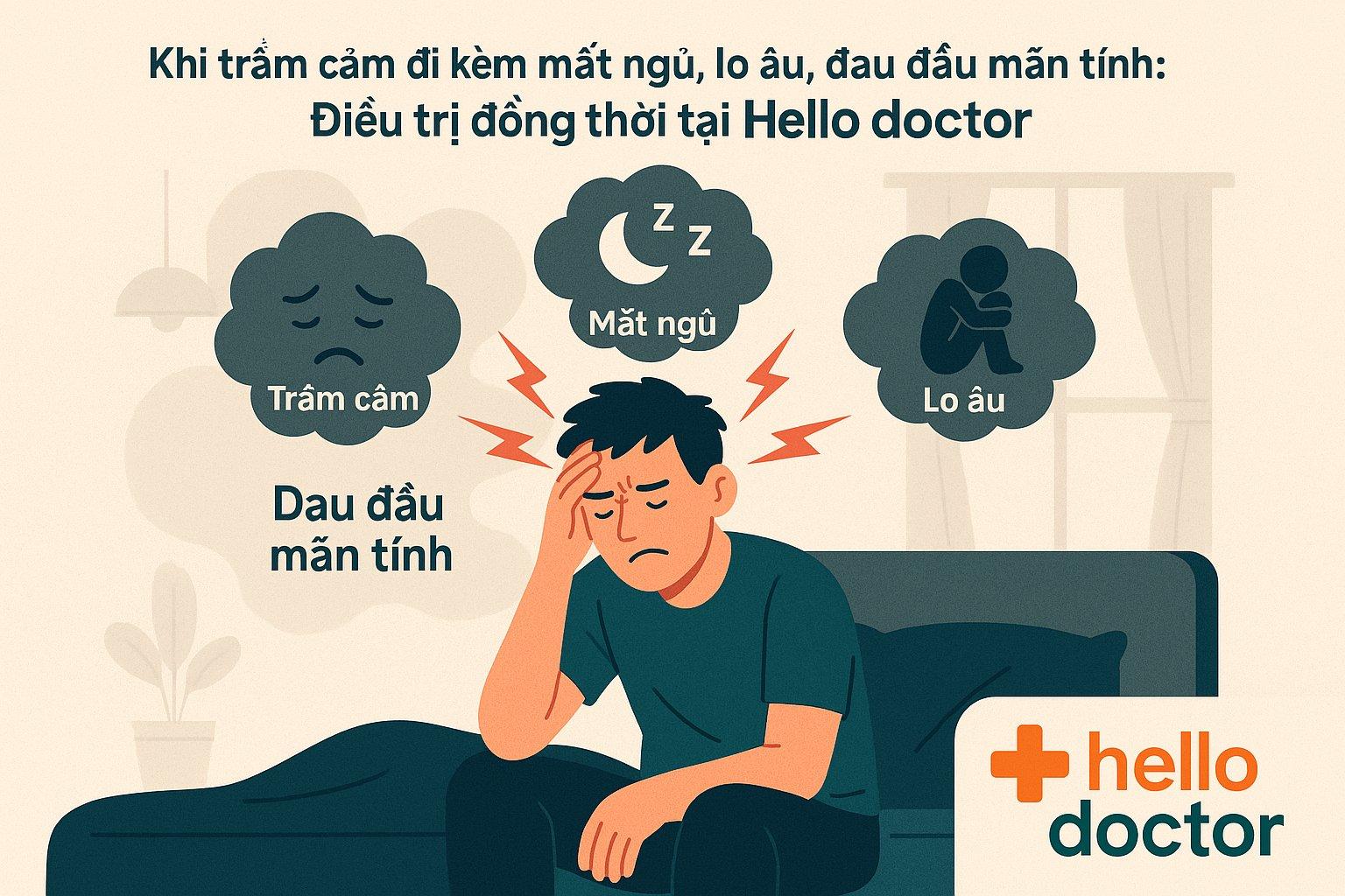 Khi trầm cảm đi kèm mất ngủ, lo âu, đau đầu mãn tính: Điều trị đồng thời tại Hello Doctor